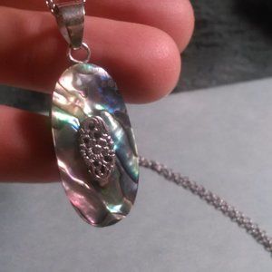 Floral Design Abalone Sterling Silver Pendant Stainless Steel Necklace